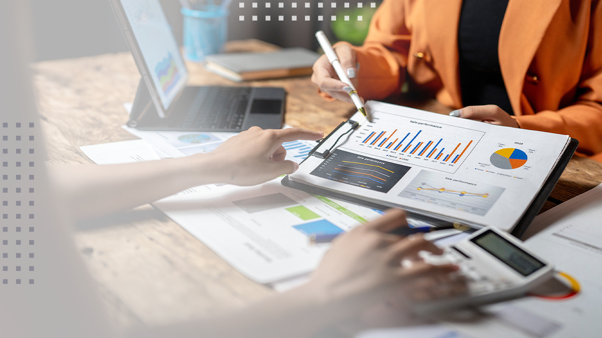 Business meeting, brainstorming sessions discuss analysis of investment growth graph and market charts in financial reports