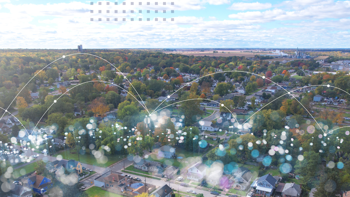 small town broadband network coverage with digital network connection lines concept